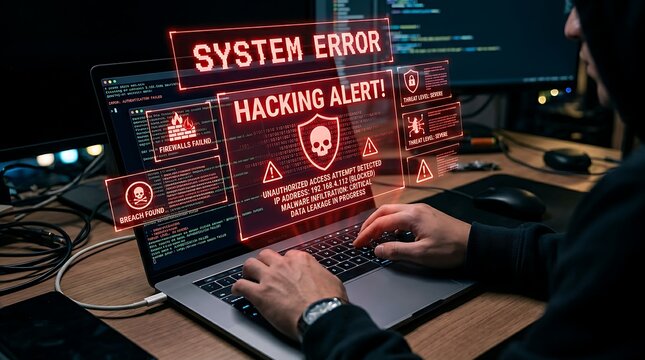 Cybersecurity alert concept with red system error warning and hacking icons appearing on laptop representing data breach and digital risk.