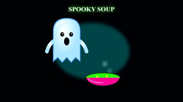 A light blue ghost hovers above a glowing pink bowl of green liquid in this spooky soup scene featuring playful vegan treats for halloween