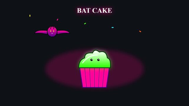 Neon purple bat silhouettes circle above a glowing bright green cupcake with vibrant sprinkles in this spooky halloween vegan treats animation sequence for holiday festive party