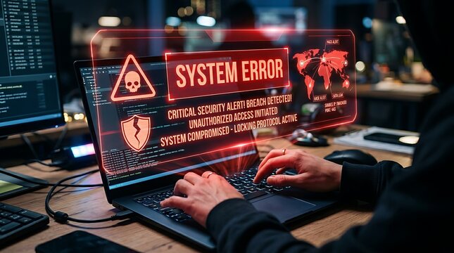 Cybersecurity alert concept with red system error warning and hacking icons appearing on laptop representing data breach and digital risk.