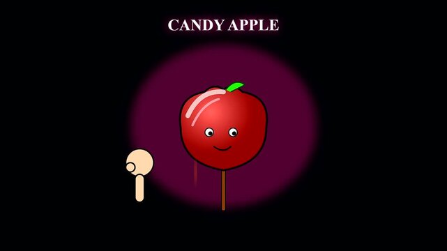 a whimsical animation showing a shiny red candy apple with vegan treats for a fun halloween event as a cartoon character takes a playful bite