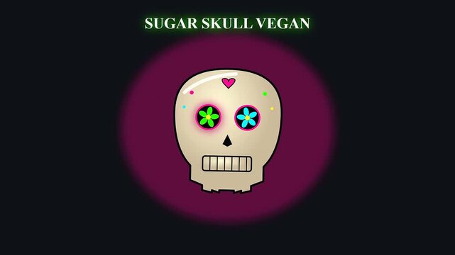 Animated sugar skull vegan treats float in a dark purple spotlight display showing various facial expressions and vibrant floral eye patterns in this festive graphic design