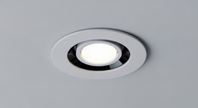Modern recessed LED downlight fixture glowing brightly on clean white ceiling providing ambient illumination in room.