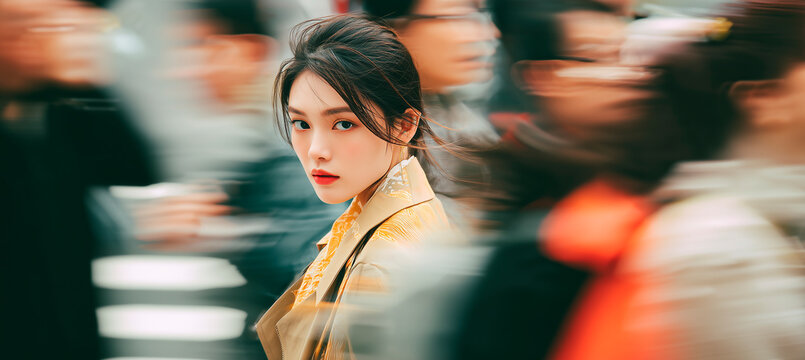 Cinematic close up portrait of a fashion model on a busy Taipei street with motion blur