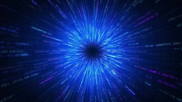 Data Center Corridor Tunnel with Glowing Blue Fiber Optic Lines and Abstract Ai Technology Nodes Concept