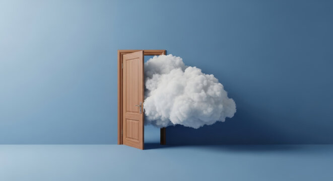 Abstract wooden door standing on blue wall with fluffy white cloud inside surreal studio photography creative conceptual art piece minimal style.