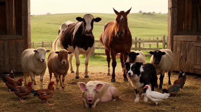 Cattle Farm Animals Standing in Rustic Barn Doorway with Livestock Including Pigs and Hens in Rural Landscape