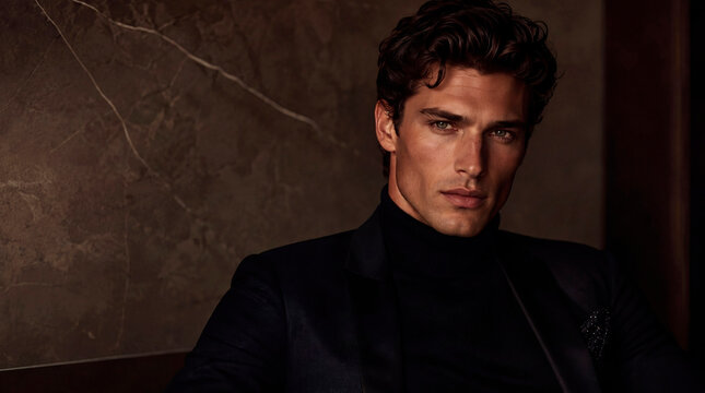 Sophisticated fashion portrait of a handsome young man wearing a black turtleneck and tailored blazer in a luxurious interior. Cinematic lighting, confident expression, and elegant styling create a pr