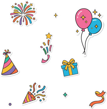 Festive party sticker set with balloons, fireworks, gift box and celebration elements