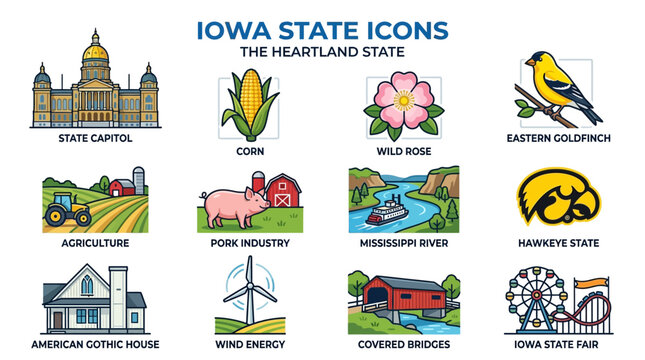 Vector outline icon set of midwest state landmarks culture agriculture symbols isolated on white background
