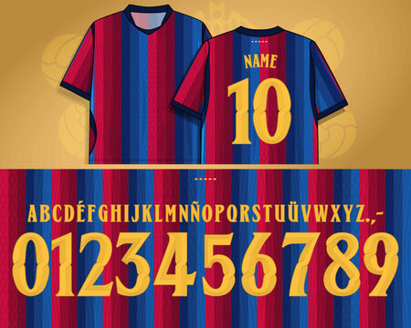 barca font, spain soccer, Decorative athletic alphabet inspired by premium jersey numbering. Vector uppercase letters, numerals and symbols with ornamental inline details for apparel graphics