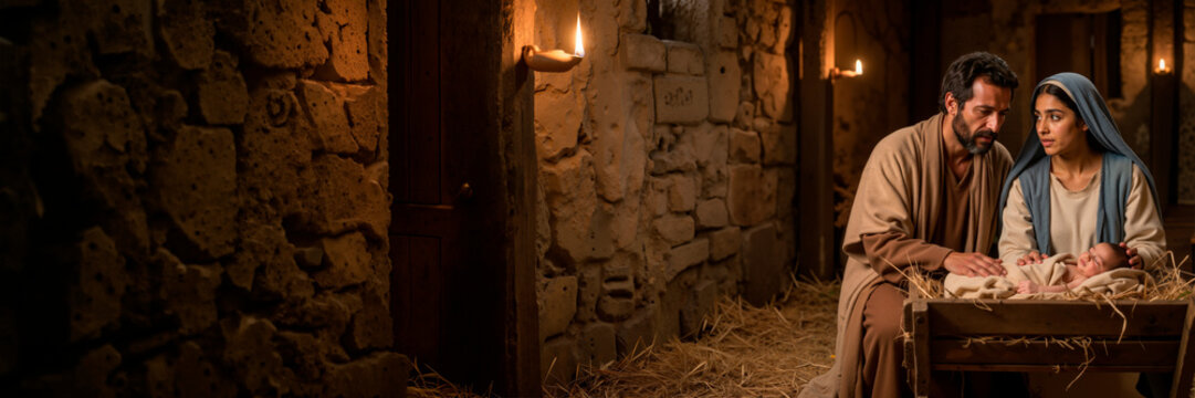Mary and Joseph looking at baby Jesus in a manger. Biblical nativity scene in a stable with copy space for text