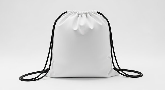 White drawstring bag mockup on white background.