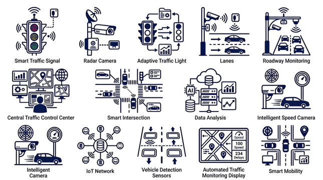 Smart City Technology: Traffic Management, AI, IoT, and Surveillance Icons