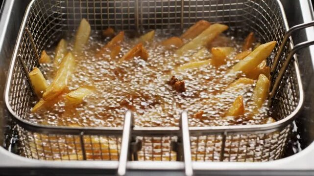 Crispy French Fries Immersion in Hot Oil Inside a Steel Deep Fryer with Bubbling Texture for Cooking
