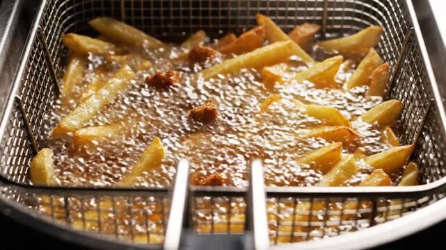 Close-up of French fries cooking in a metal fryer basket inside a bubbling deep fryer with hot oil