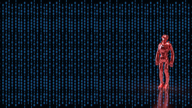 Red Humanoid Robot With Digital Binary Background 3d render.