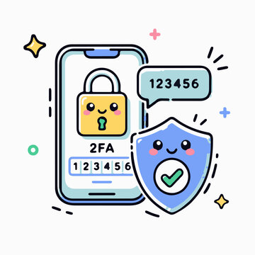 Smartphone 2fa screen with cute lock and shield characters