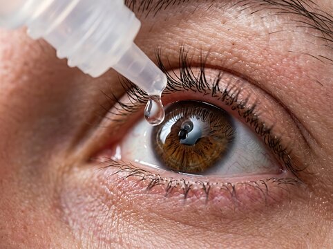 Eye dropper delivers a single drop of saline solution onto the surface of a human eye to provide relief from dryness.