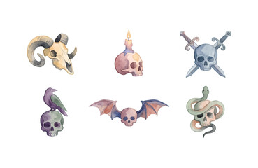 Fototapeta premium Watercolor skull icon set with animal skulls, bat wings, raven, snake, daggers, and candle