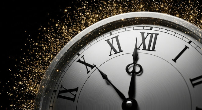 Vintage clock face with roman numerals showing almost midnight surrounded by golden glitter sparkles on dark background for new year concept.