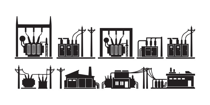 Electrical substation and transformer icon set for power grid engineering, energy infrastructure, and utility design