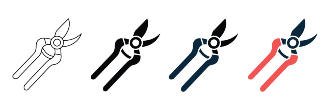 Set of garden shears icons in different styles and colors