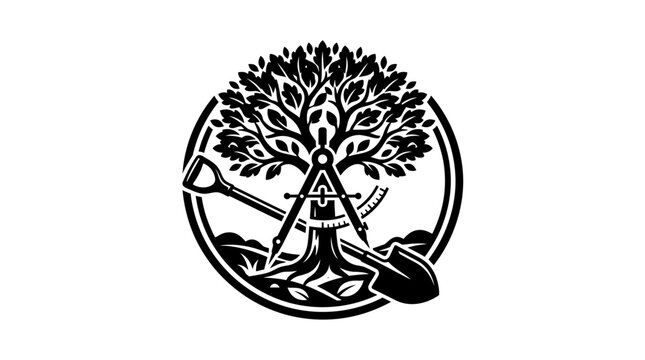 Tree logo with gardening tools.