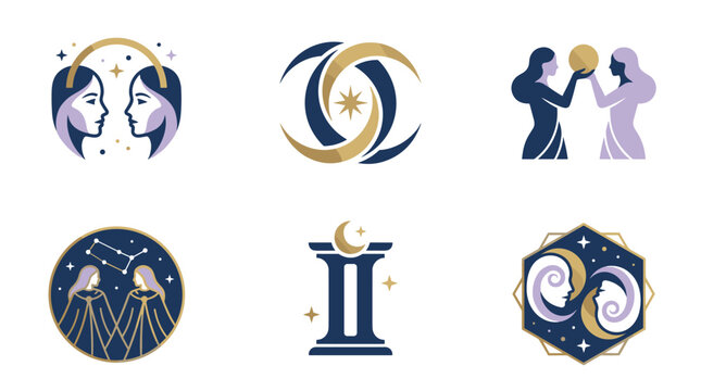 Set of six pixel art icons representing Gemini zodiac sign and constellation, in navy, gold, and lavender colors