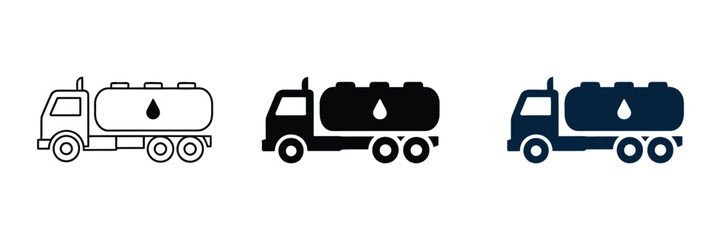 Naklejka premium Industrial fuel tanker truck icons, oil delivery vehicle vector set, heavy liquid transport truck silhouettes for logistics and energy industry