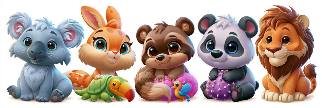 Adorable group of animated cartoon animals with big eyes and playful personalities.