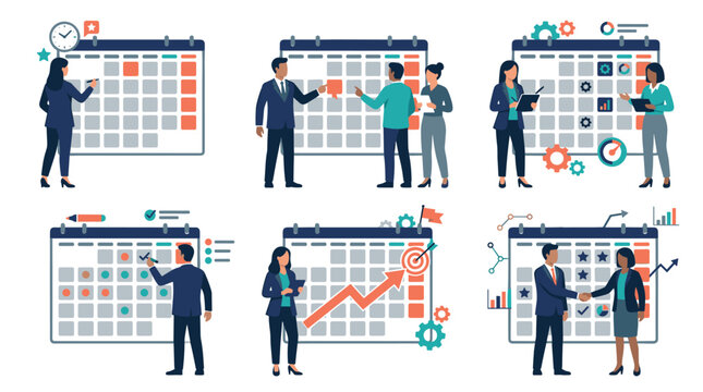 Team planning and project management with large calendars and charts, business strategy and scheduling concepts, effective collaboration and goal setting