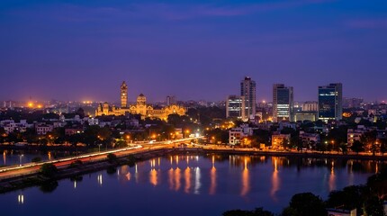 Naklejka premium Twilight wide shot of the skyline of Vadodara city showcasing historic palace domes and modern lit-up buildings along a lake.