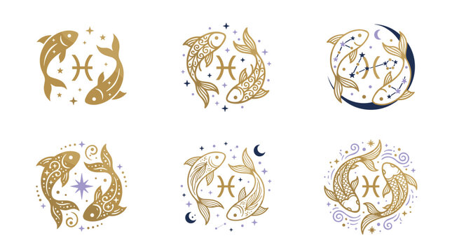 Set of six pisces zodiac constellation symbols, pixel art fish designs in gold and blue, circular emblems with stars and astrological signs, vintage cosmic feel