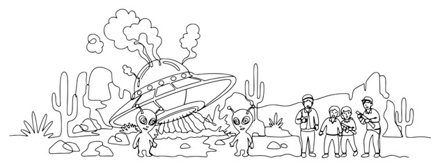 UFO crash in desert landscape with curious aliens and surprised humans line art vector © Celestynka