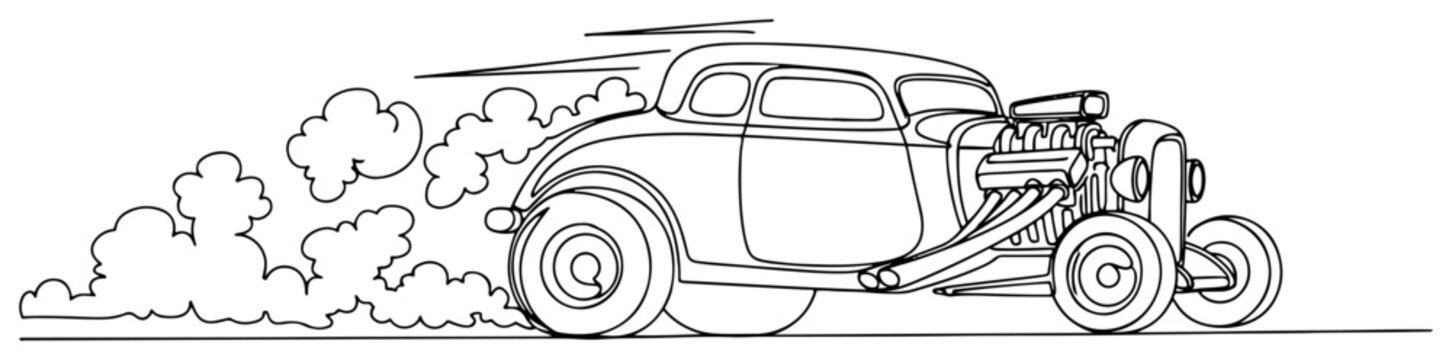Hot rod vintage racing car speeding with smoke clouds in continuous line art style