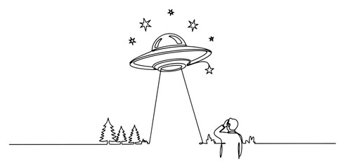 UFO hovering over forest trees and a person with light beams in simple doodle style © Celestynka