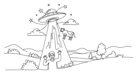 UFO abducting cow and terrified man in a rural landscape with mountains in single line style © Celestynka