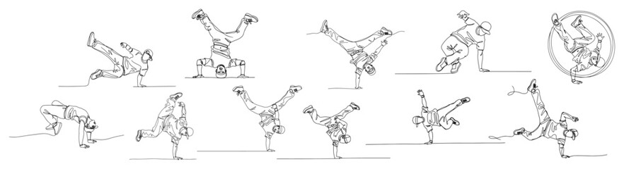 Fototapeta premium Breakdance dancers performing hip hop moves and street dance in continuous line art style