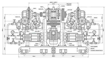 Obraz premium Detailed technical blueprint of complex industrial machinery with dimensions and labels