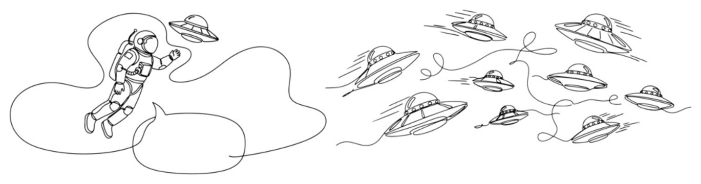 Astronaut floating in outer space among multiple flying saucers and UFOs in continuous line style