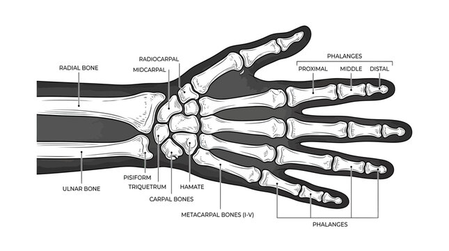 Anatomical Illustration of Human Hand Skeleton with Labels