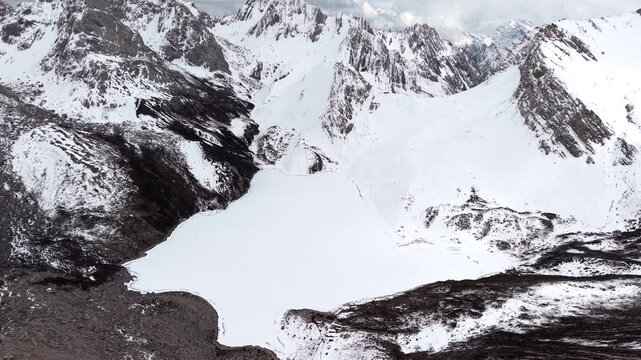 Aerial View of Snow-Covered Mountains and Frozen Lake in Qizangou Sichuan
