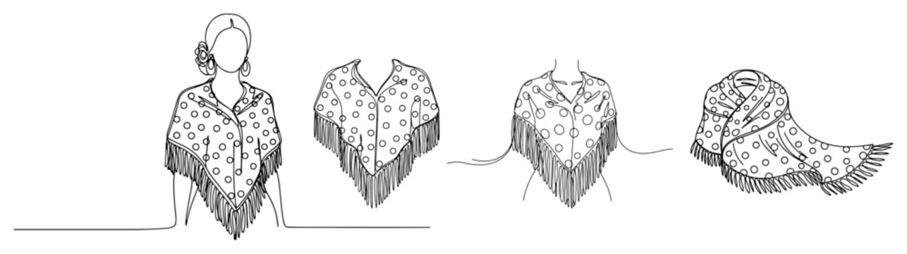 Spanish polka dot shawl with fringe and woman wearing manton in continuous line art style