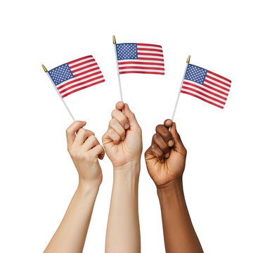 Diverse hands holding small american flags up in the air isolated on transparent background
