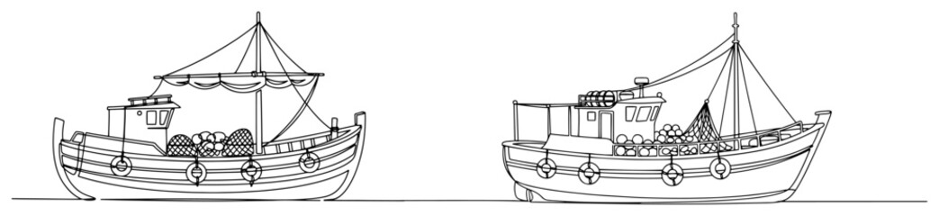 Fishing boats with nets on water in continuous line art style © Celestynka
