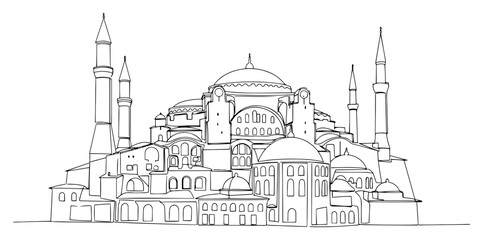 Hagia Sophia mosque in Istanbul with minarets and domes line art vector © Celestynka
