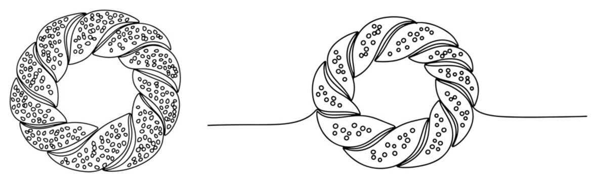 Turkish simit sesame bread rings in continuous line art style