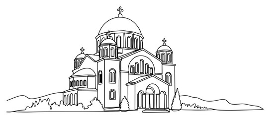 Orthodox cathedral with large domes and crosses in continuous line art style © Celestynka