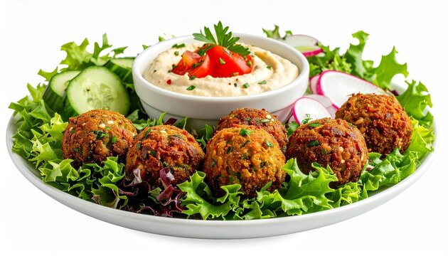 traditional middle eastern falafel plate with creamy hummus and salad